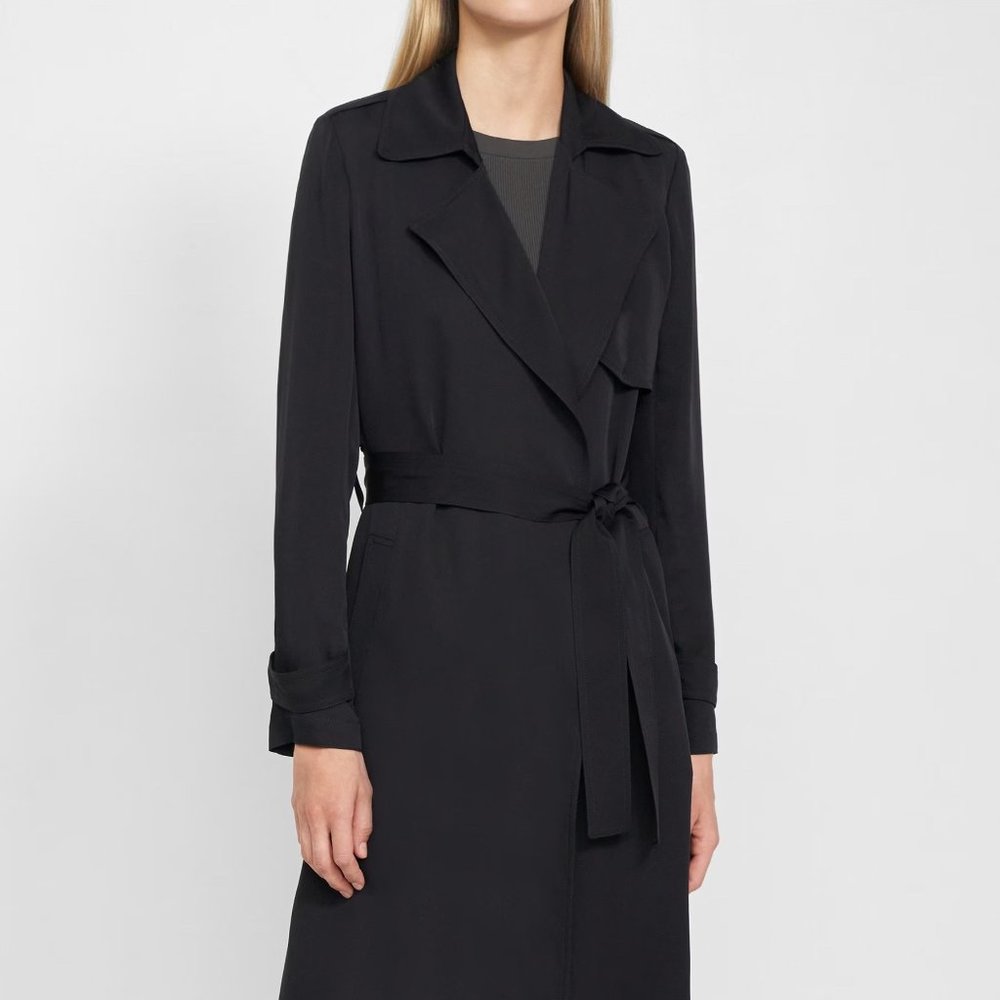 Theory Oaklane Silk Trench Coat in Deep Navy - Size Small